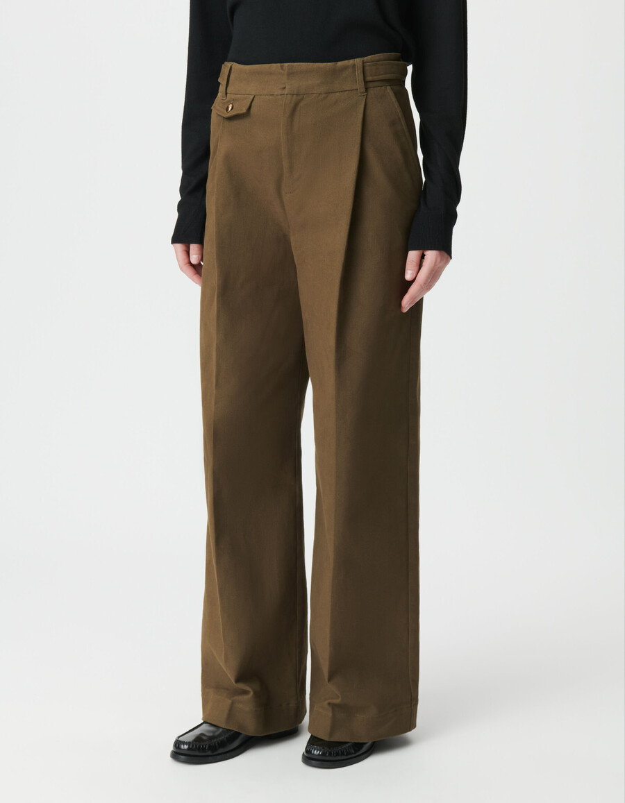 khakifarbene gabardine-hose für damen mit weitem bein
