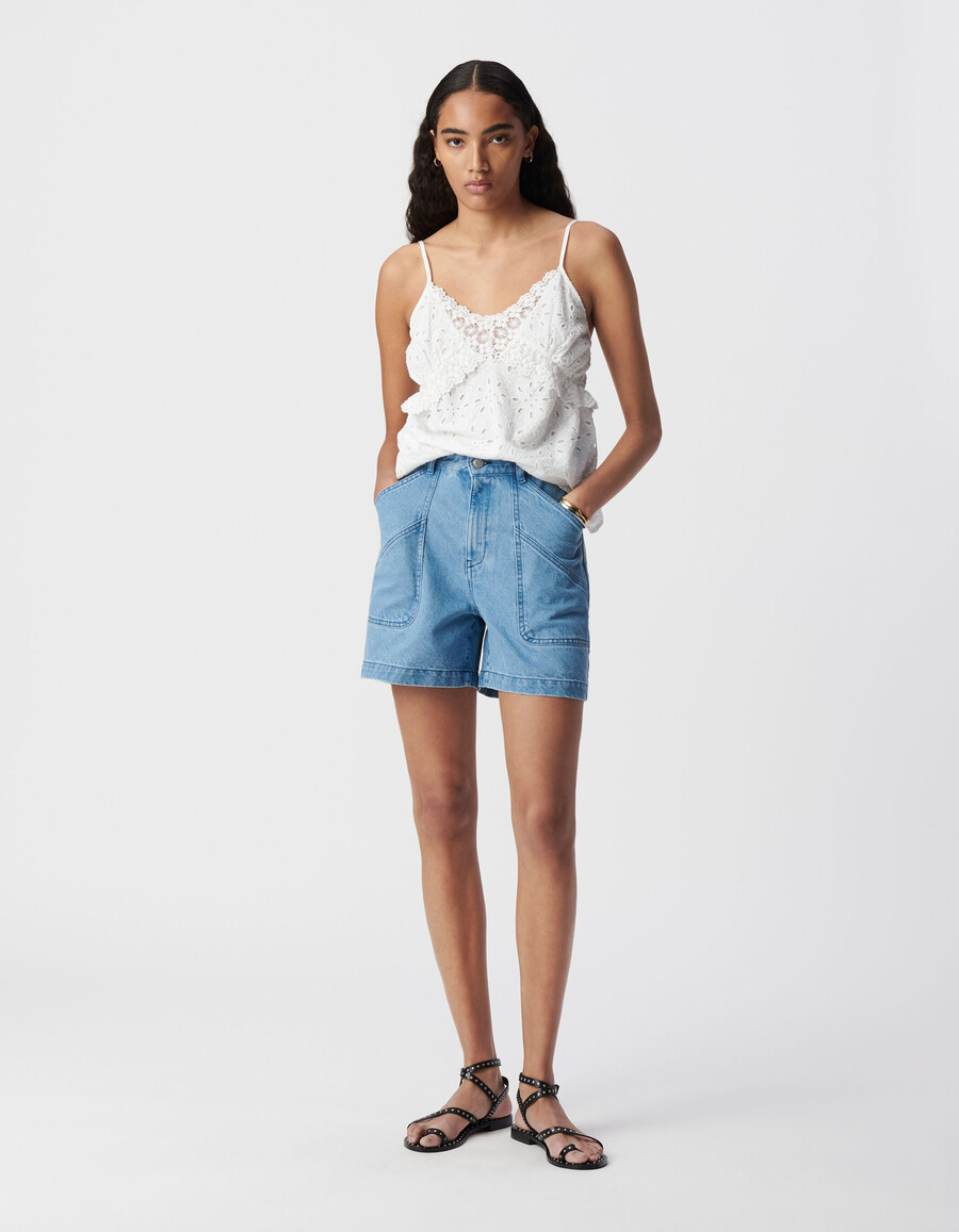 blaue wasserfeste damen-denim-shorts mit xl-taschen