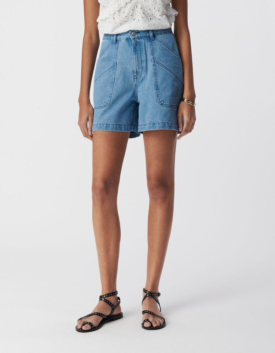blaue wasserfeste damen-denim-shorts mit xl-taschen
