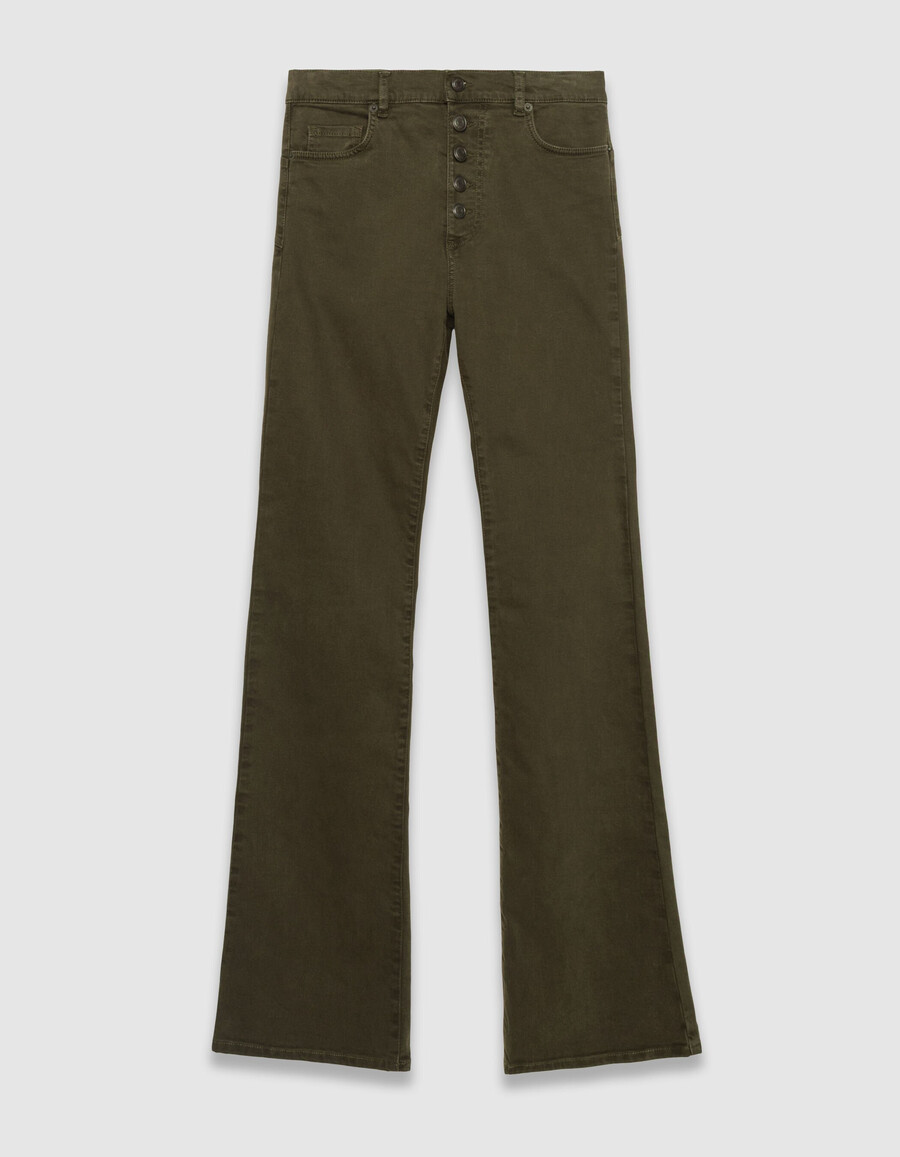 khakifarbene damen-schlagjeans mit sichtbaren knöpfen
