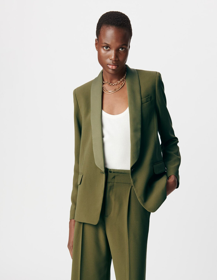 damen-anzugjacke aus khakifarbenem recyceltem polyester-crêpe