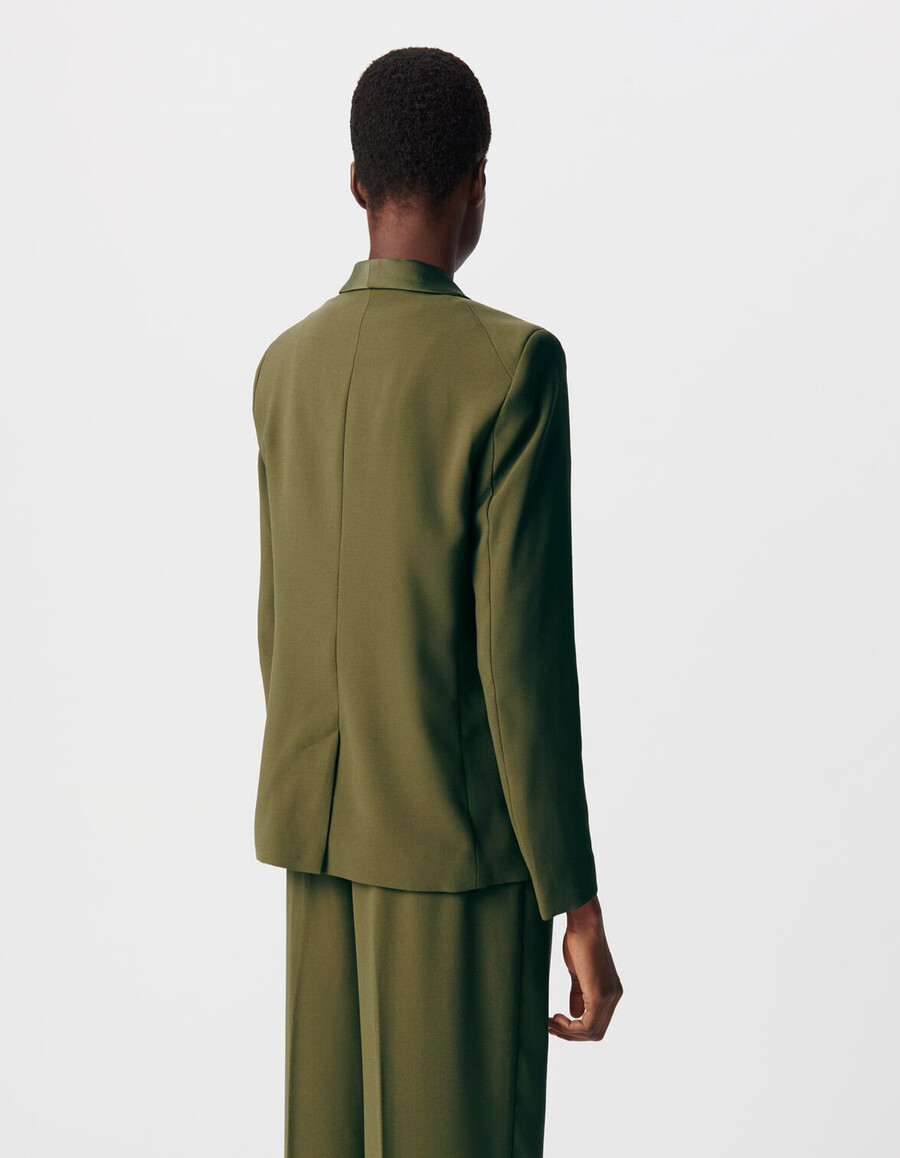 damen-anzugjacke aus khakifarbenem recyceltem polyester-crêpe