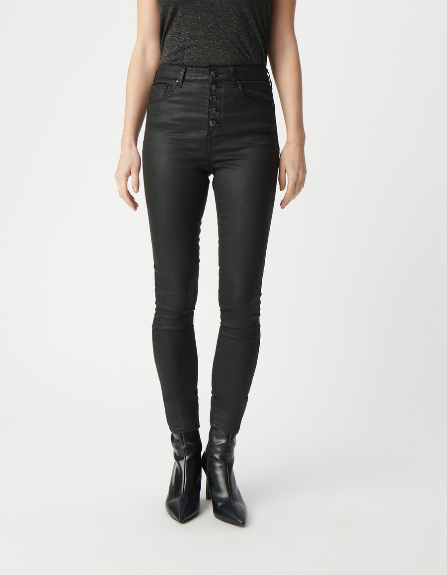 schwarze damen-cropped-jeans mit sichtbaren powerstretch-knöpfen