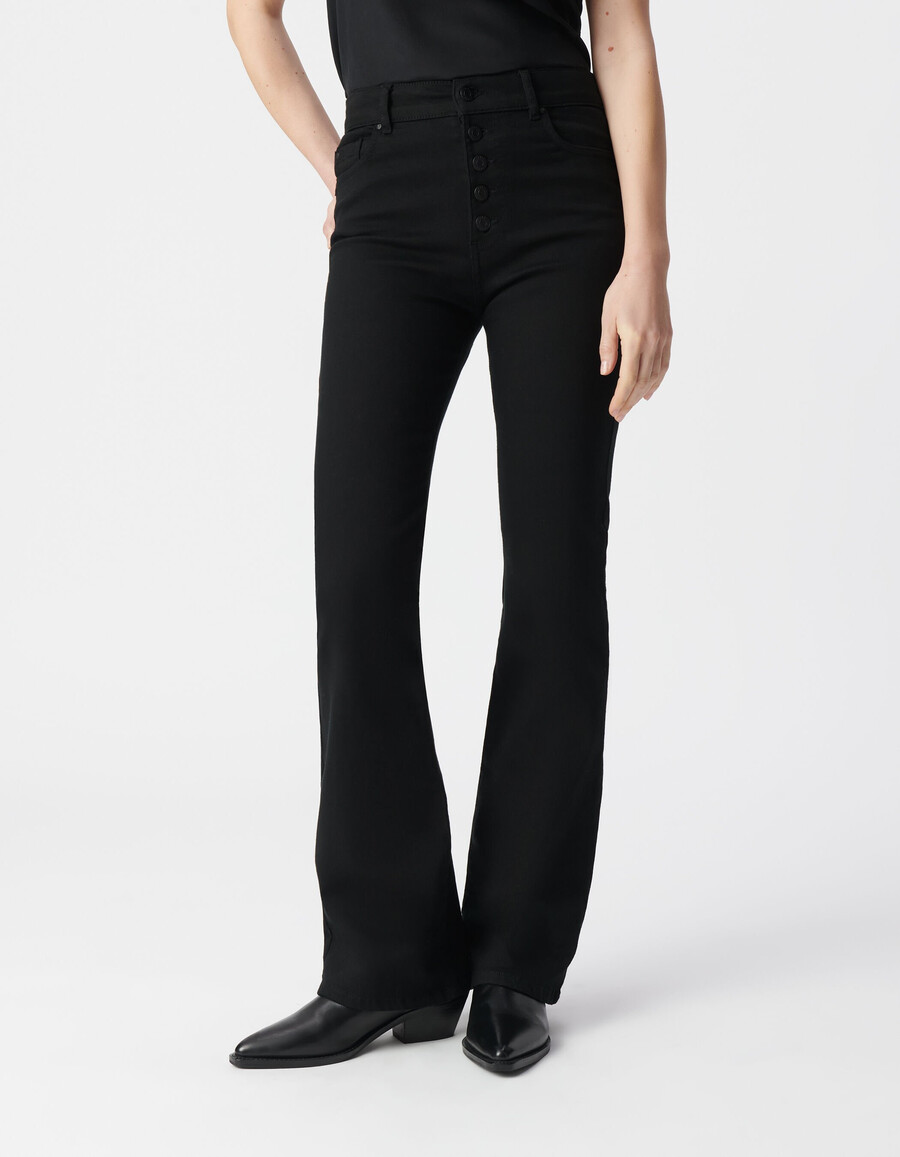 schwarze hochgeschnittene wasserlose damen-schlagjeans mit hohem bund